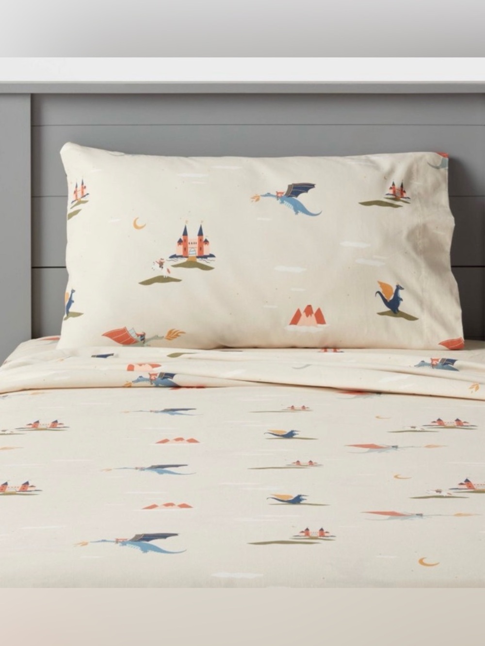 Pillowfort Cream Dragon & Castle Kids Sheet Set with Blue and Orange Accents